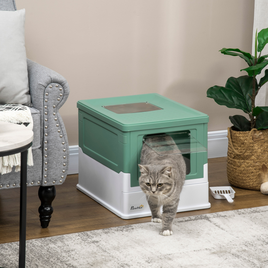 Hooded Cat Litter Box, Portable Pet Toilet w/ Scoop, Tray - Green