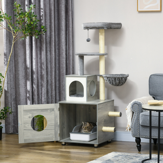 Cat Litter Box Enclosure, with Cat House, Bed, Scratching Posts, Platform