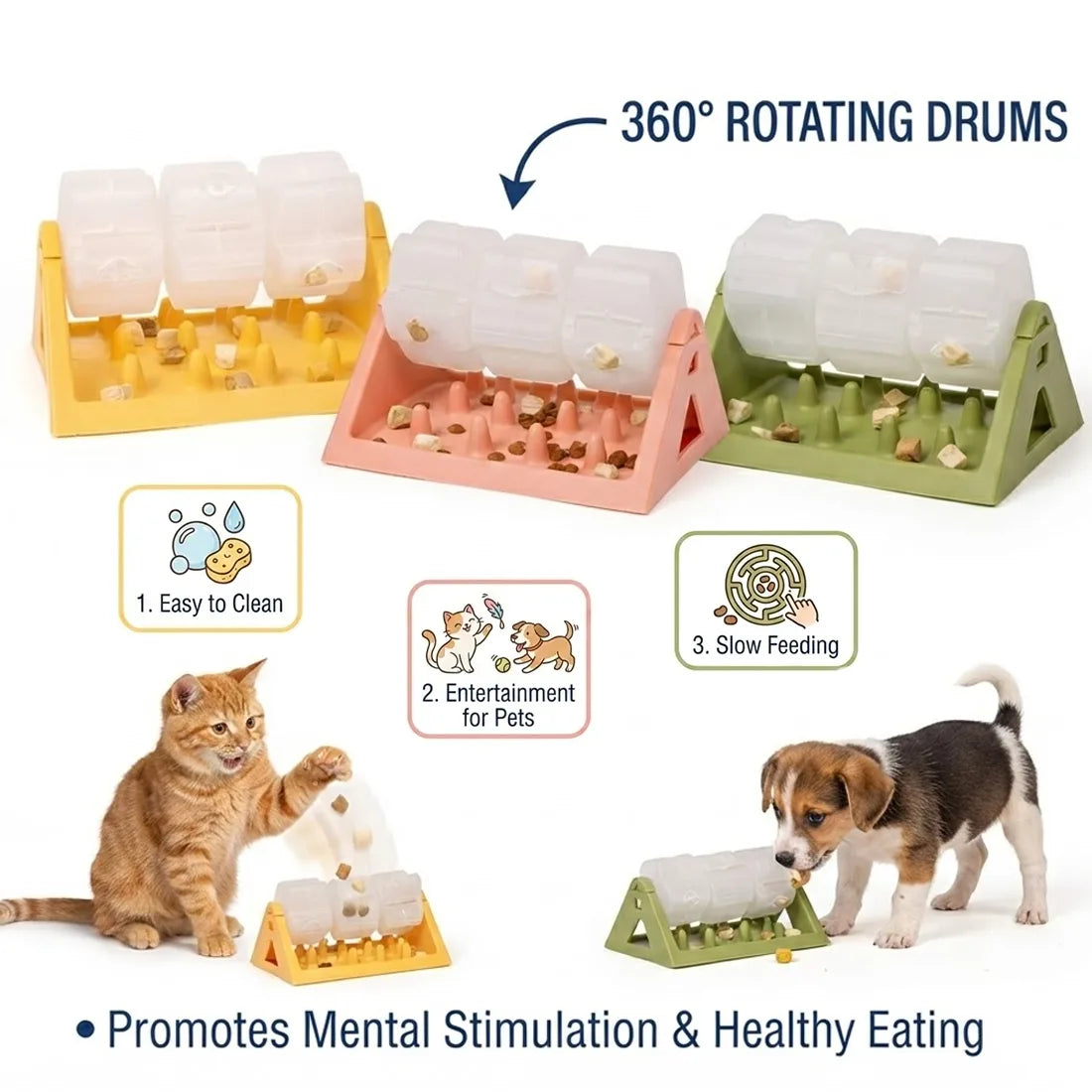 360° Rotating Puzzle Dog Bowl Slow Feeder Anti Bloat Gulp Interactive Feed Dish-yellow