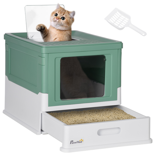 Hooded Cat Litter Box, Portable Pet Toilet w/ Scoop, Tray - Green