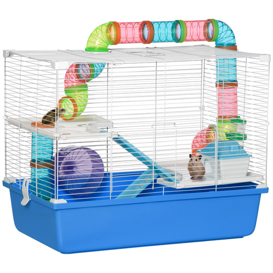 Hamster cage with colorful tunnels and platforms on a white background