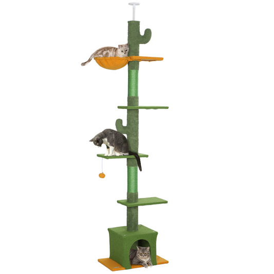 PawHut 230-275cm Floor-to-Ceiling Cat Tree for Indoor Cats with Cat House
